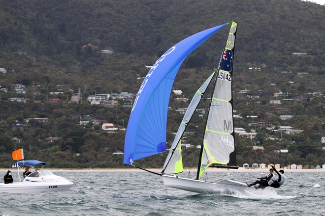 Peter Kendall and Bryce Waters gun in to the finish. - 49er National Championships ©  Alex McKinnon Photography http://www.alexmckinnonphotography.com